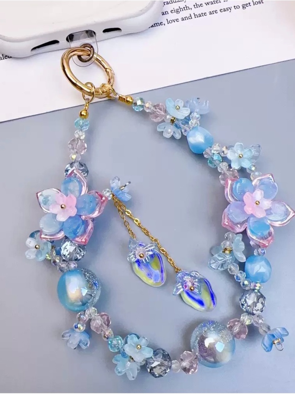 Blue Floral Beaded Bracelet Keychain Phone Chain